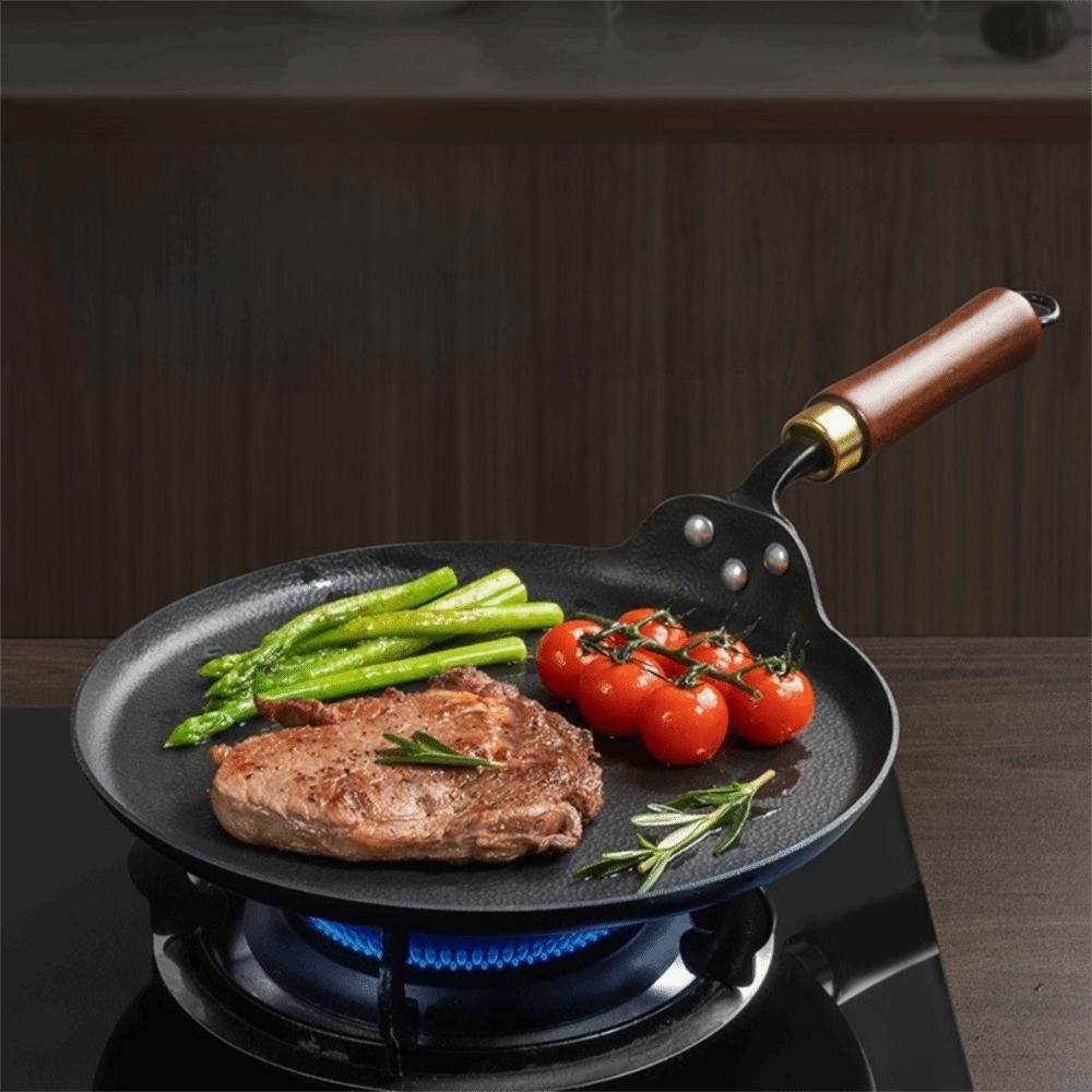 Wood Handle Cast Iron Frying Pan Thickened Flat Skillet Crepe Maker Induction Cooker