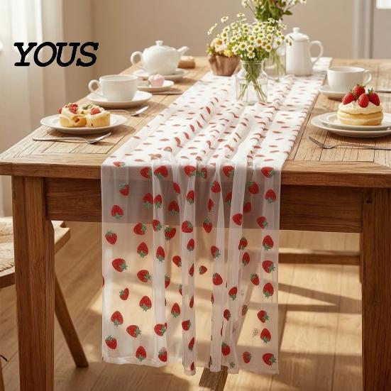 Anniversary Table Runner Sheer Tulle Runner, Strawberry Cherry Lemon Pattern, Summer Decor Overlay, Seasonal Fruit for Birthday Party Wedding