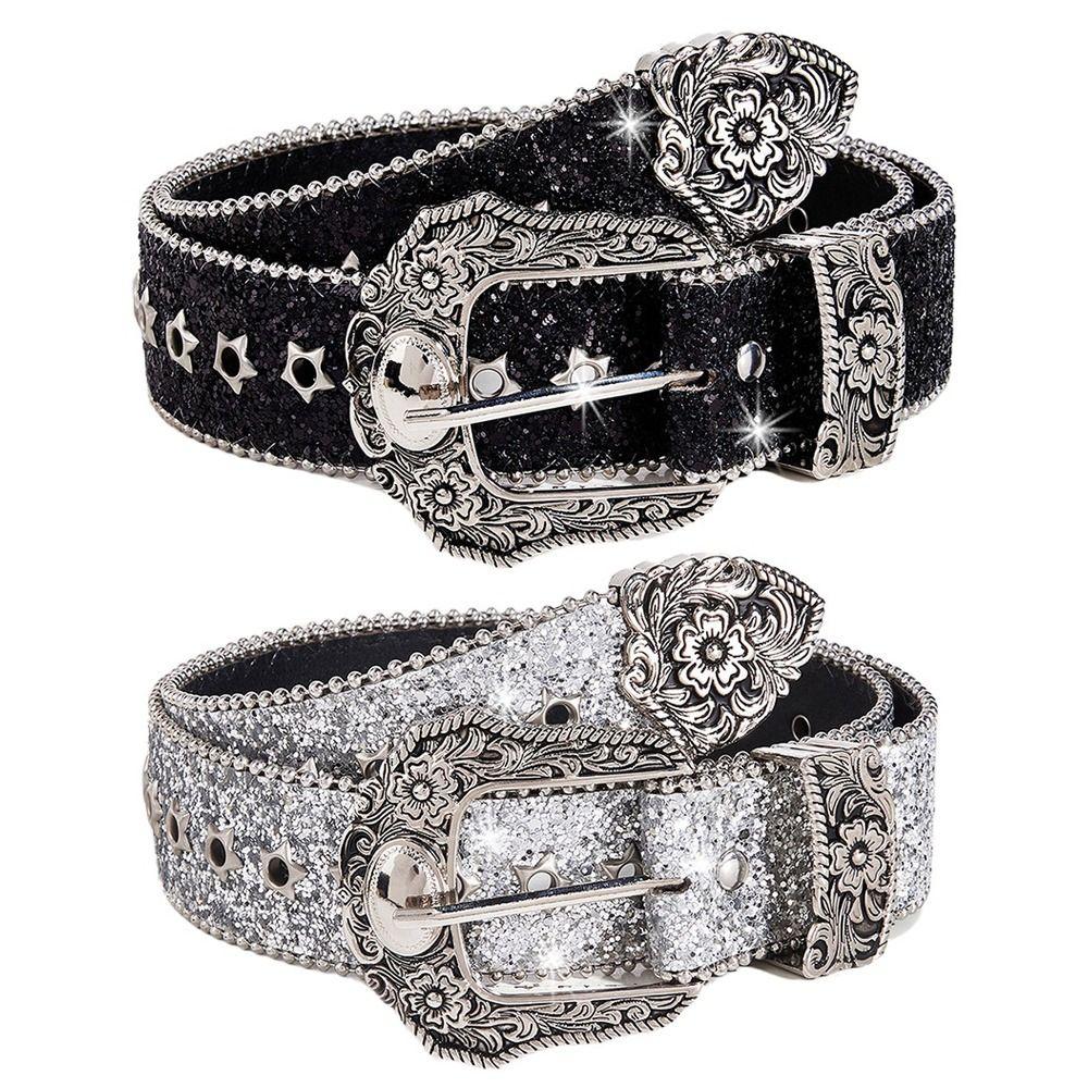 Metal Engraved Buckle Western Cowboy Belt PU Leather Buckle Belt Fashion Waistband  for Men Women