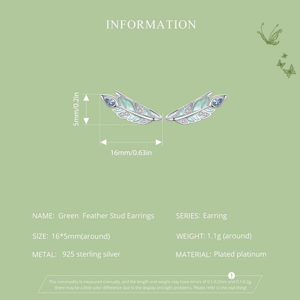 Женские серьги-гвоздики BAMOER из стерлингового серебра 925 пробы с мятно-зеленой эмалью и перьями, подарок на день рождения, изысканные ювелирные изделия