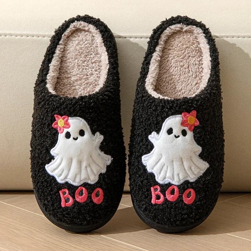 2024 Halloween Style Home Fluffy Slippers Women Winter Casual Warm Cotton Shoes Couple Flat Heel Soft Sole Plush House Slippers