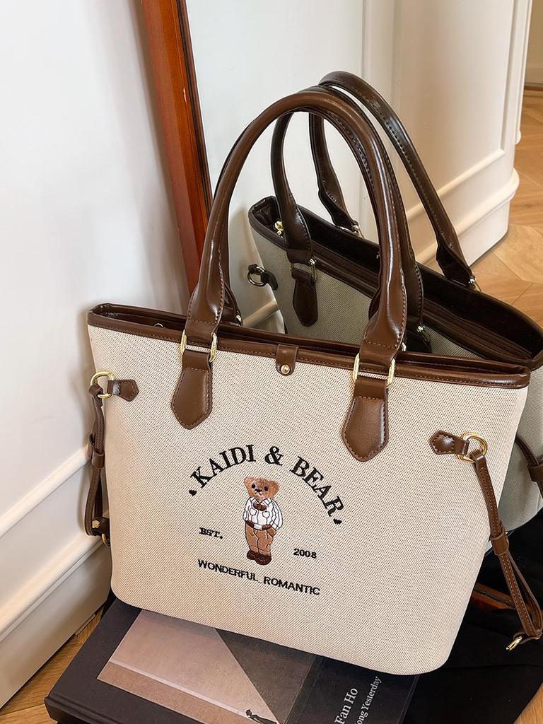 Katie Bear Retro Embroidery Color Block Large Capacity Shoulder Tote Bag 2025