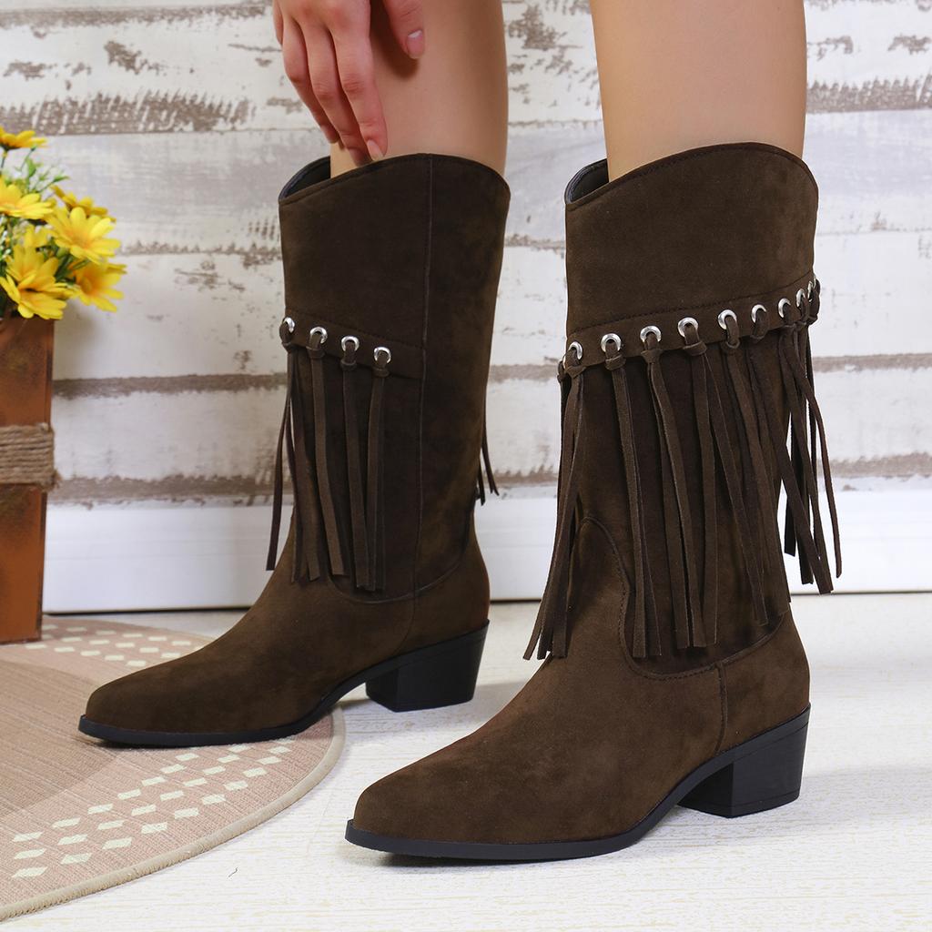Bohemian Mid-calf Boots Women New Winter Ethnic Rivet Tassel Boots Woman Faux Suede Pointed Thick Heel Shoe Booties Female