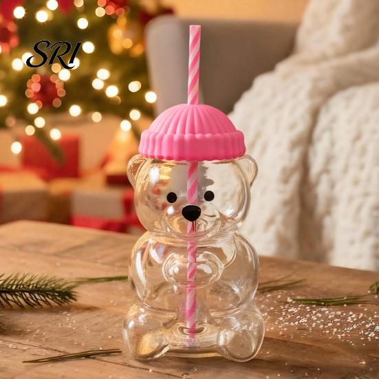 Eco Friendly Sippy Cup Bear Shape with Straw Lid 500ml Heat-Resistant Glass Tumbler Reusable Cold for Iced Coffee Milk Tea Juice