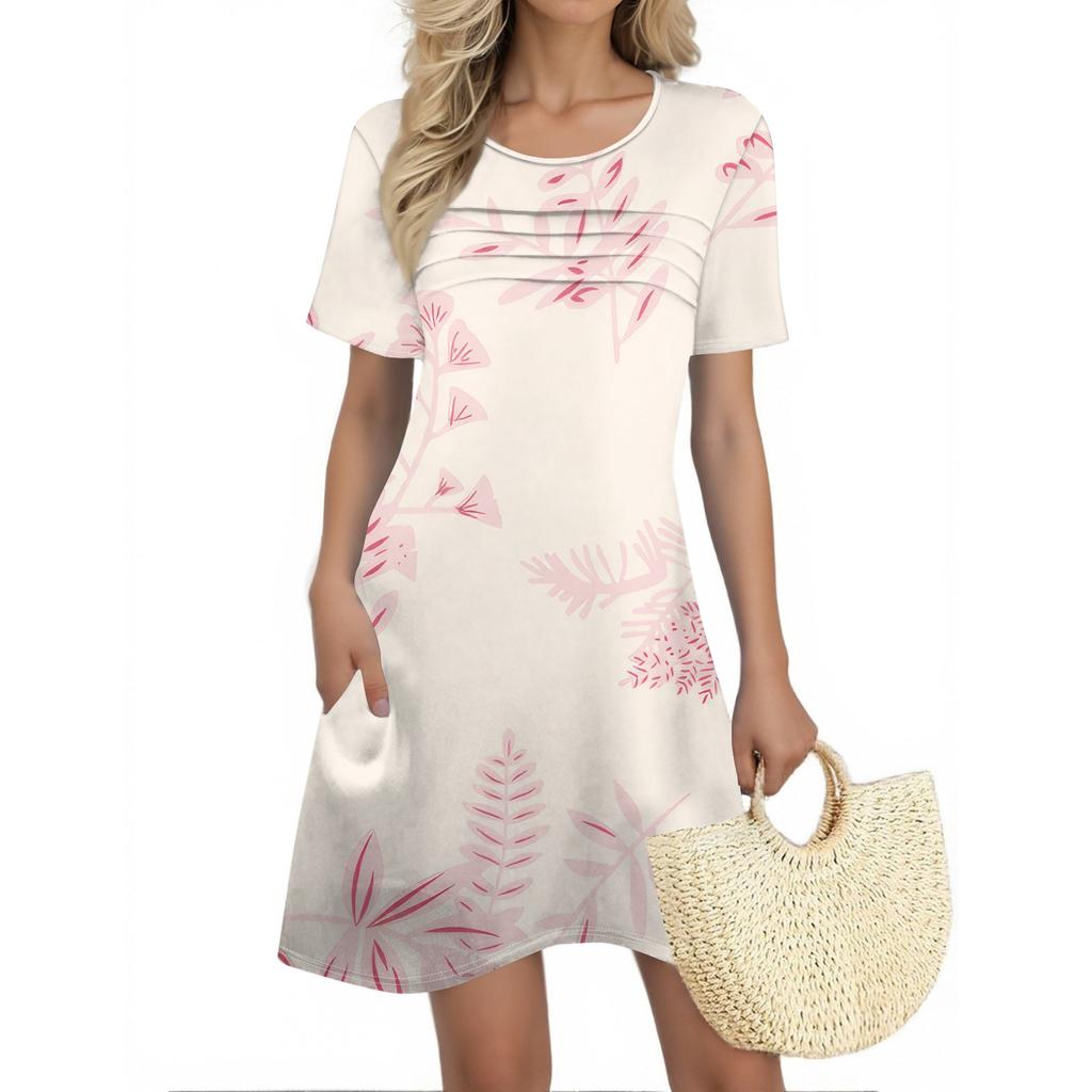 Женские летние платья Женские летние платья с цветочным принтом Повседневные платья с коротким рукавом и круглыми карманами