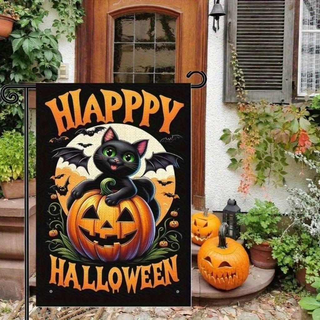 1pc Happy Halloween Garden Flag Cute Cat Pumpkin 3D Print Suitable for Halloween Yard Outside Decoration No Flag Pole 12X18 Inch