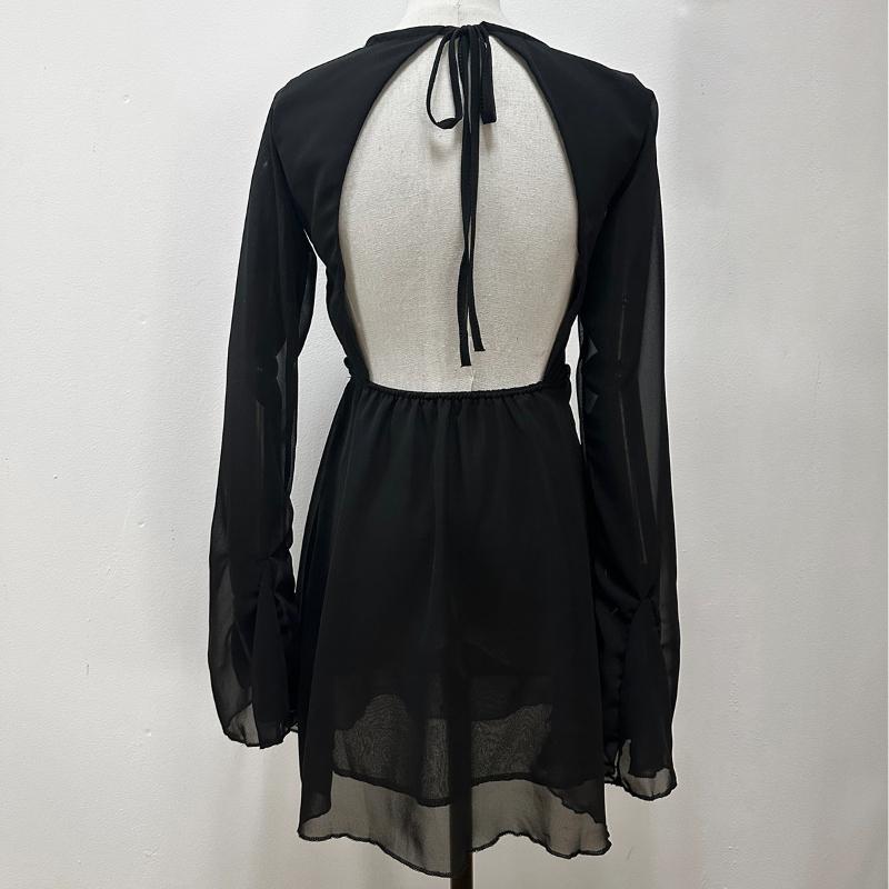 Элегантное черное цельное платье с открытой спиной, женское сетчатое лоскутное сексуальное тонкое платье, женское мини-платье на шнуровке с оборками, вечерние