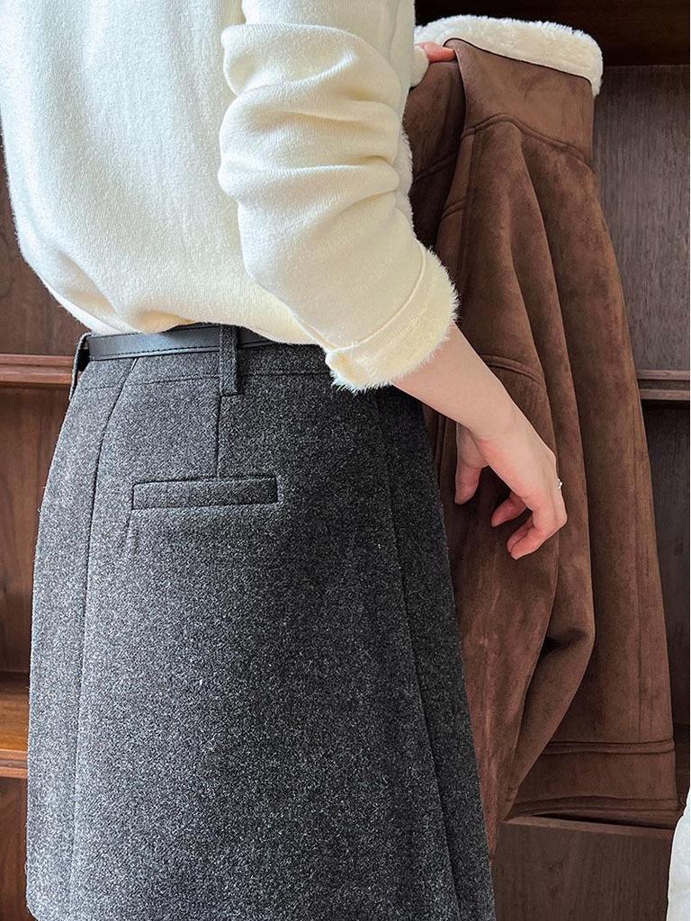 Юбка миди А-силуэта Luxi Retro High-End из шерсти - Женская 2025 Зимняя Приталенная Мини-юбка Бодикон на флисовой подкладке