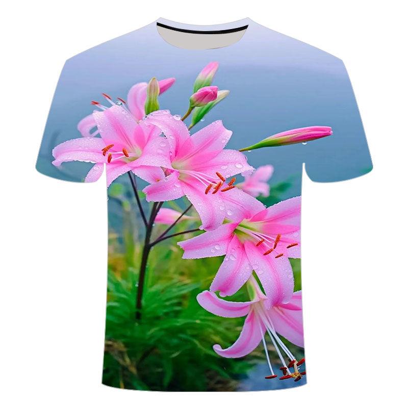 Summer New Beautiful Flower Pattern 3D Printed T-shirt Trendy Fashion and Versatile Short Sleeve for Primary and Secondary School Students