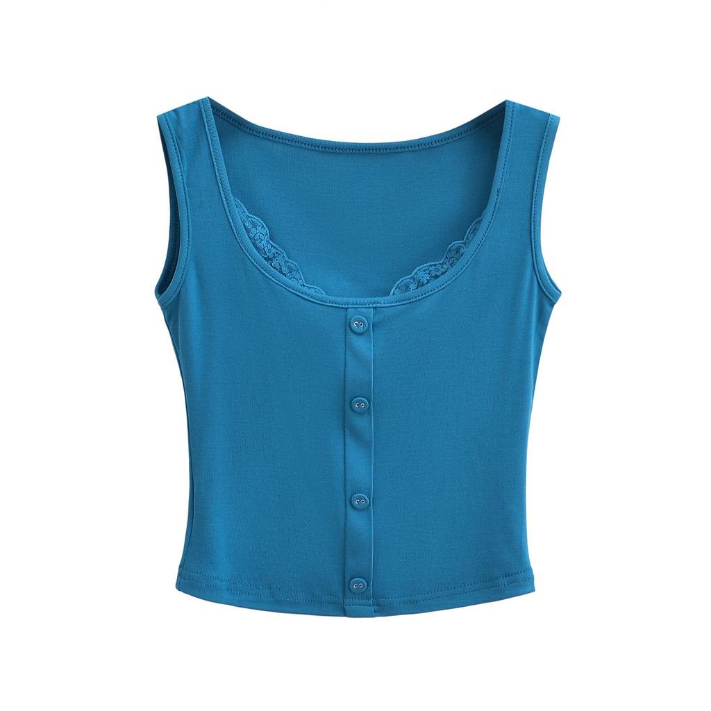 Летний кружевной кроп-топ-майка 2024 - Женский двухпредметный дизайн без рукавов с круглым вырезом