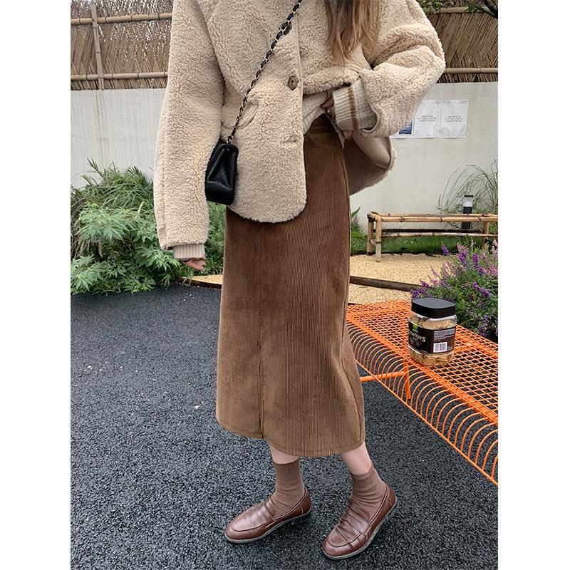 Женская весенне-осенняя литературная ретро-вельветовая юбка-полуториал, однотонная юбка с разрезом, прямая юбка