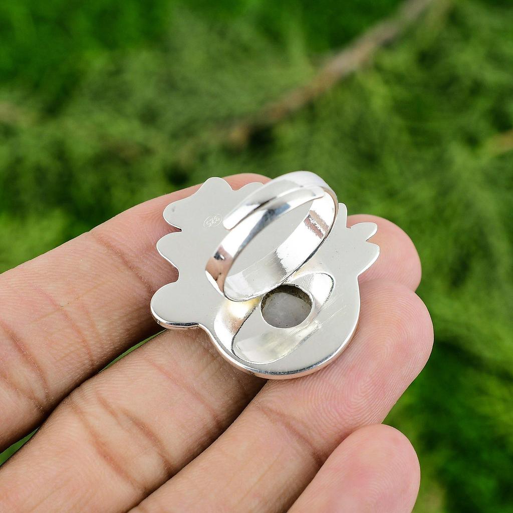 Natural Rainbow Moonstone Stackable Flower Adjustable Ring 925 Silver For Women
