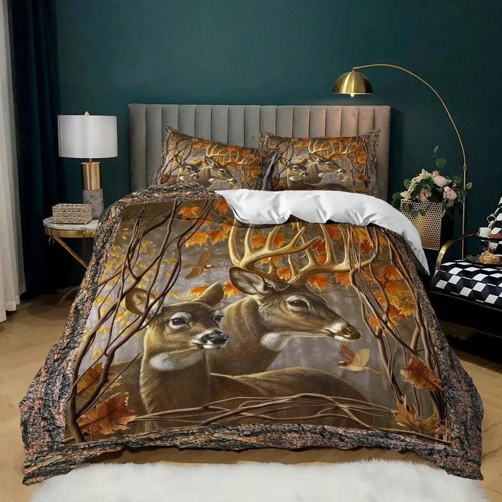Animal Duvet Cover Set 23Pcs Deer Autumn Forest Leaves Bedding Set Wild Animals for Teens Queen King Size Polyester Quilt Cover