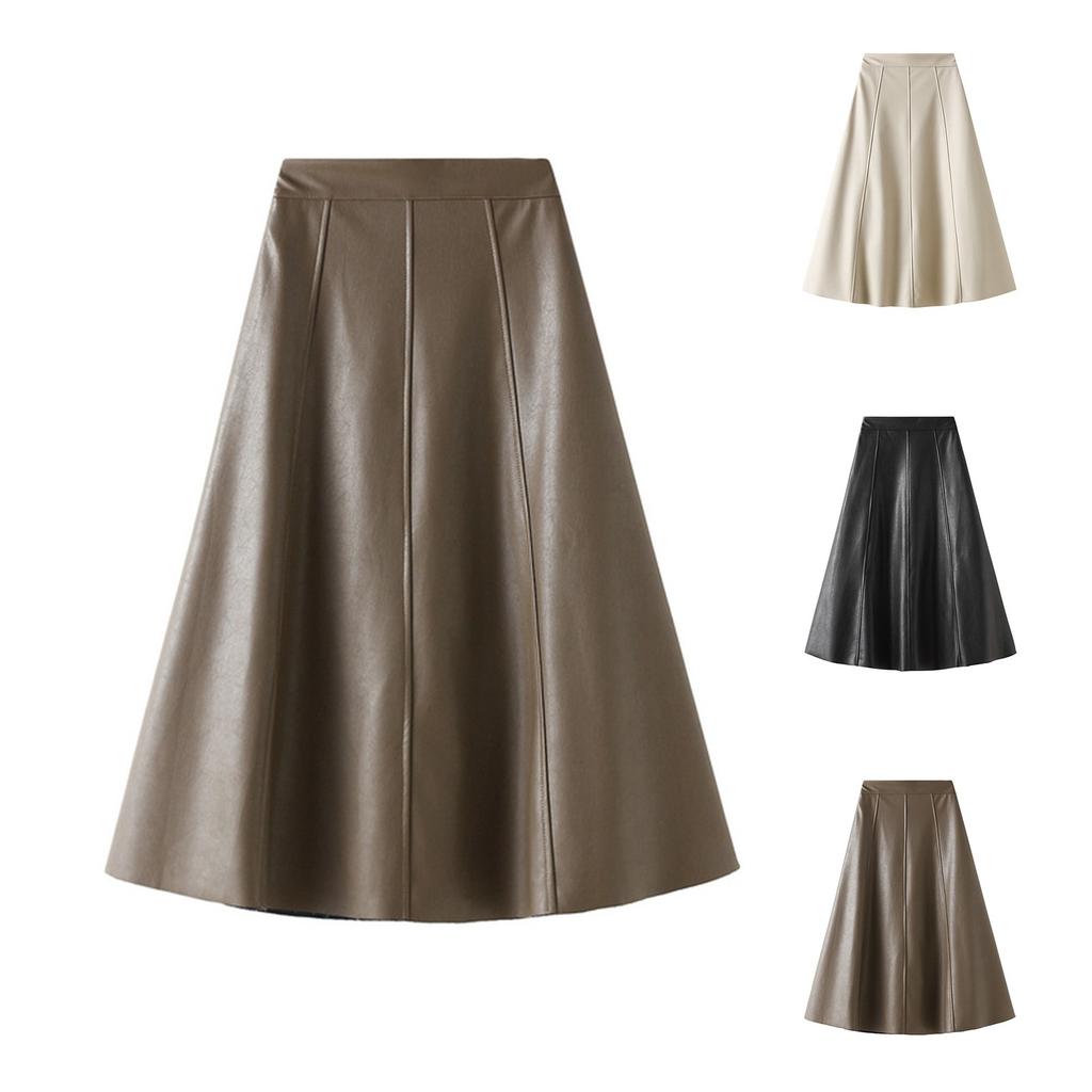 Women's Fashion Casual Solid Color High Waist Thin PU Leather Half-body Skirt