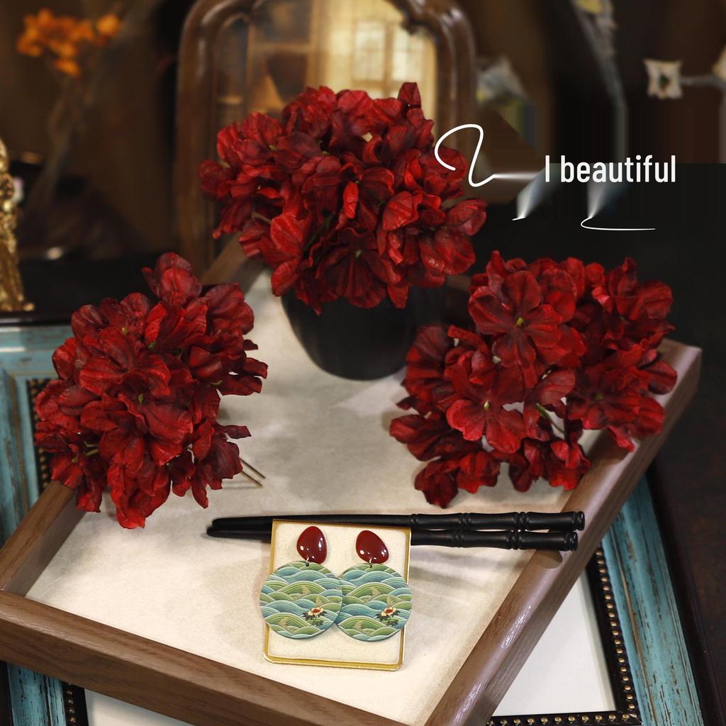 Ретро Заколка для волос в виде цветка из ткани винного цвета - Головной убор в классическом китайском стиле