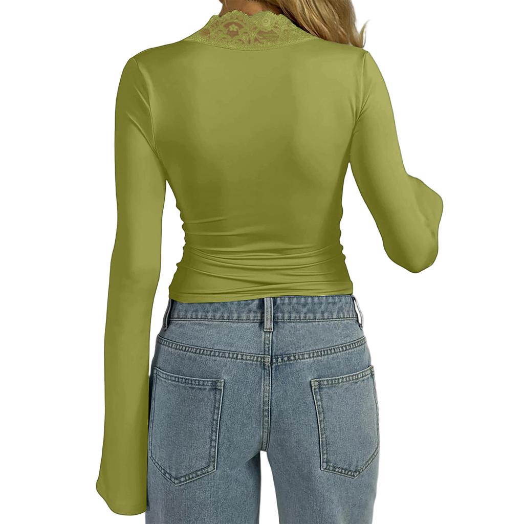 Женский однотонный топ с длинным рукавом, облегающего кроя, с V-образным вырезом, с кружевной отделкой в стиле пэчворк