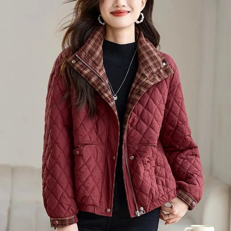 Women's Winter Stand-up Collar Diamond-shaped Grid Thin Cotton-padded Jacket, Autumn and Winter Loose Warm Jacket