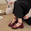 Red Retro Light Mouth Thick Heel Single Shoes Women's 2025 New Spring and Autumn with Skirt Round Head French Mary Jane Small Leather Shoes