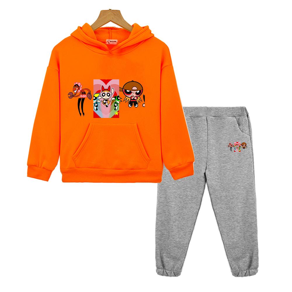 Children Clothes Powerpuff Girls Anime Hoodie Fleece Sweatshirt 2pcs Pullover+pants Sport Hooded Sets Girl Outfit Boy Clothing
