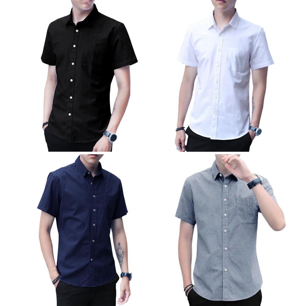 Summer Spring Men Shirt Turn-down Collar Single-breasted Loose Plus Size Solid Color Short Sleeves Street Formal Business Style
