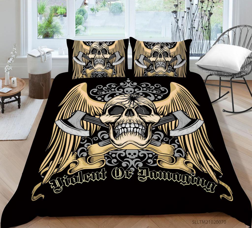 3D Black Skull Head Pattern Bedding Single Double Bed Full Size Special Skull Head Print Pillowcase and Quilt Cover 2 or 3 Comfortable Home Decoration