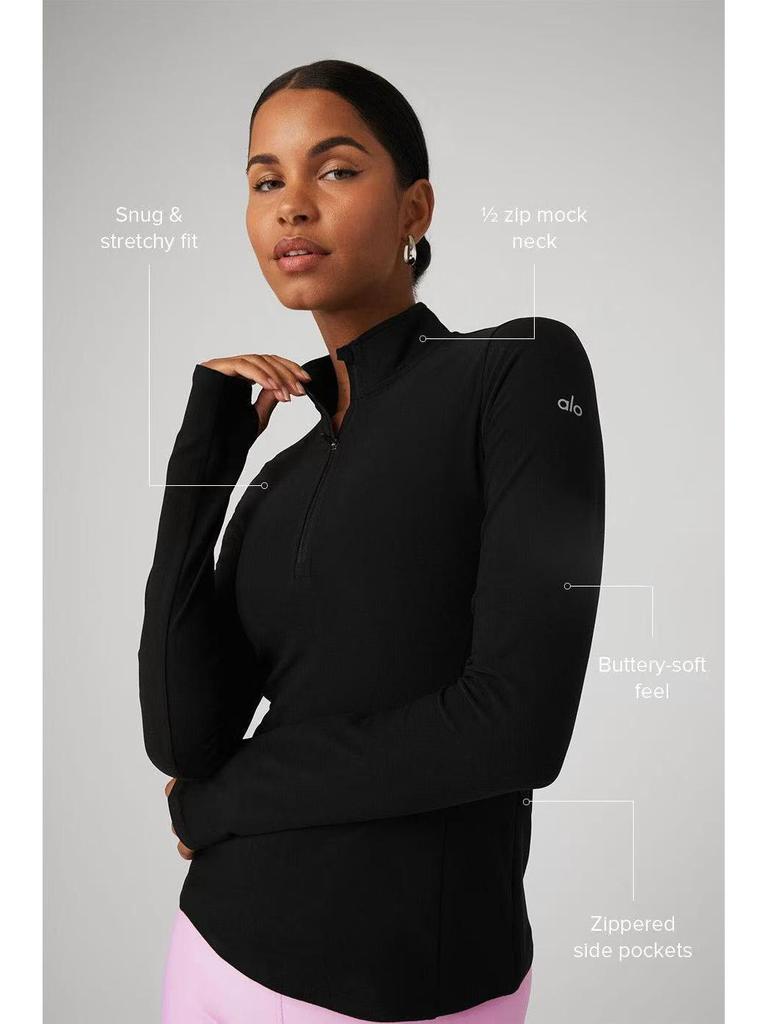 Женский оригинальный базовый слой для йоги Alo Slim-Fit с полумолнией - Топ для тренировок с длинным рукавом для осени/зимы