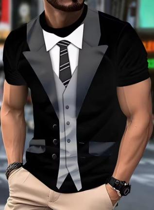 Men's casual suit and tie printed short-sleeved crew neck new men's role-playing party T-shirt