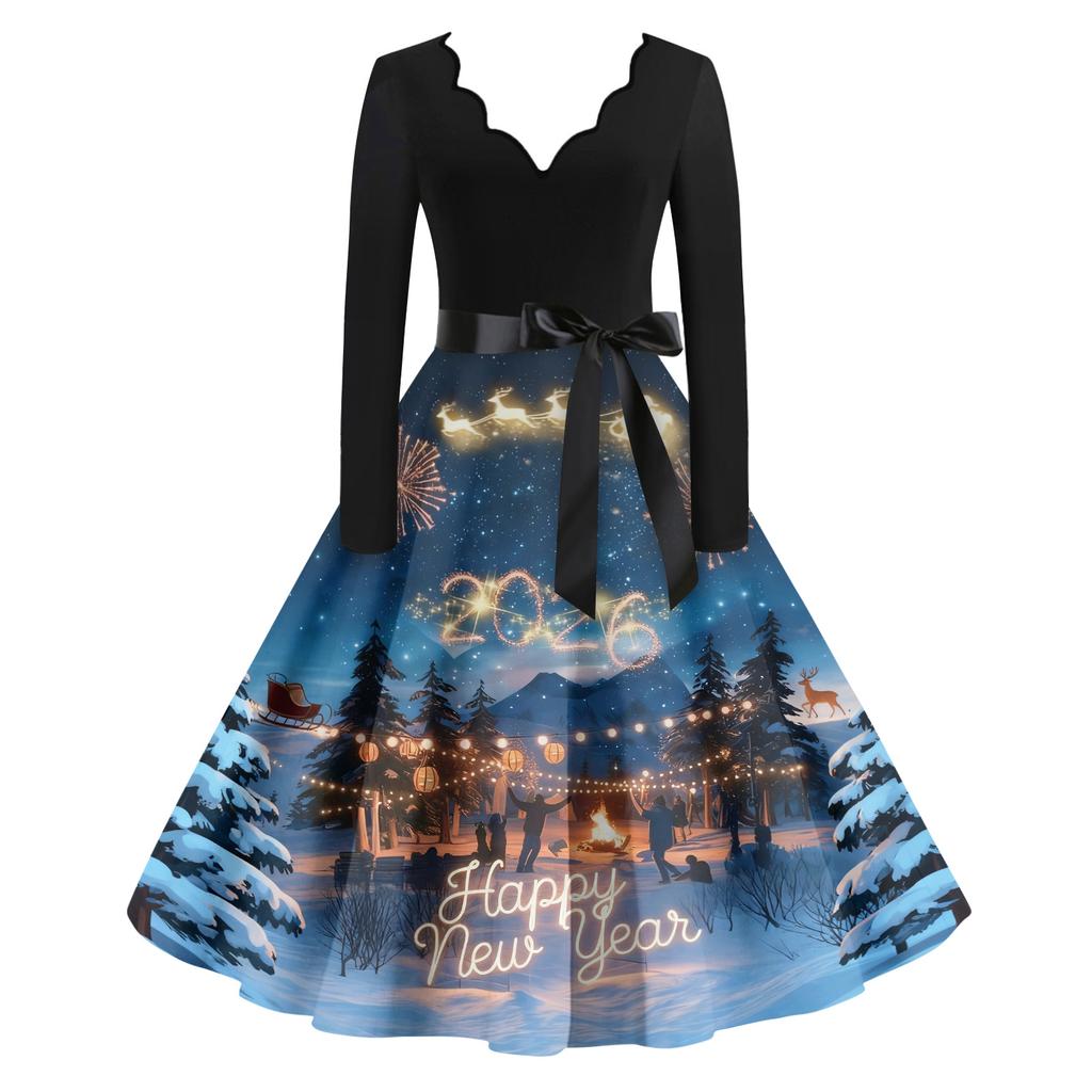 Женское повседневное модное платье винтажного стиля с V-образным вырезом и новогодним принтом