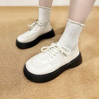 Маленькие кожаные туфли женские новые весенне-летние студенческие туфли с большой головой в стиле ретро, одинарные туфли на шнуровке, на толстой подошве, увеличивающие рост, женские туфли