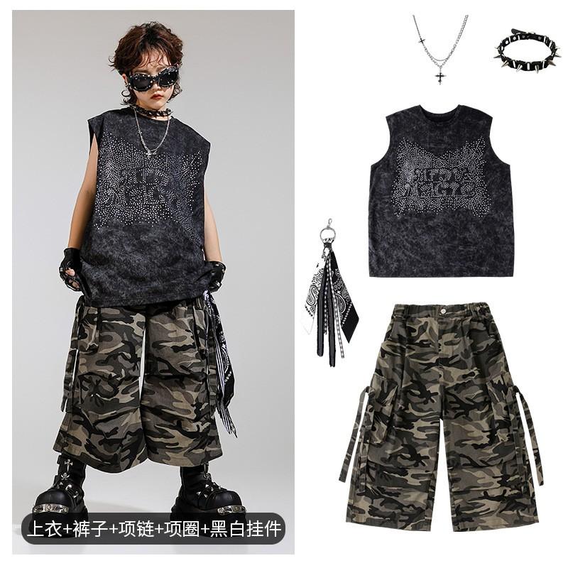 Kids Hip Hop Breakdance Outfit Set Boys Girls Sleeveless Rhinestone Vest Camo Shorts Performance Costume