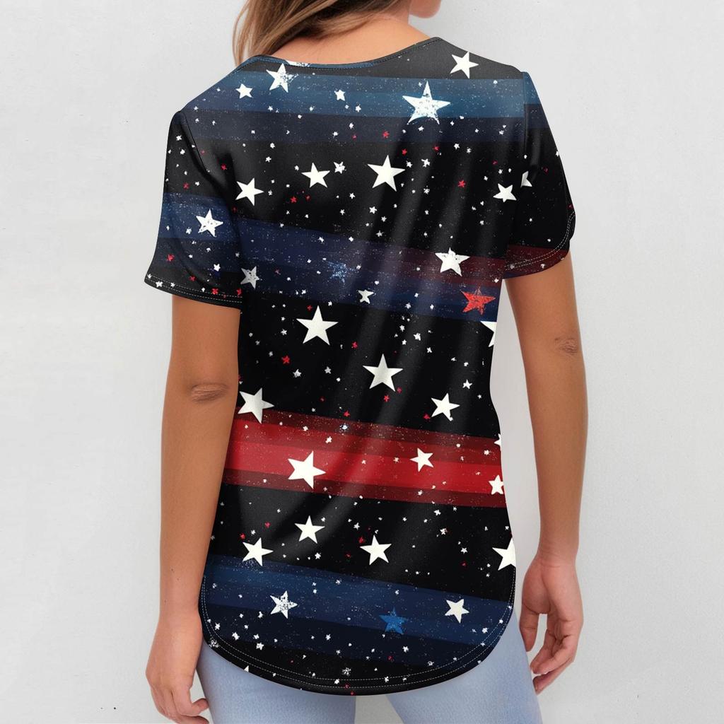 Women's Short Sleeve Independence Day Printed V-Neck Pocket Workwear Top