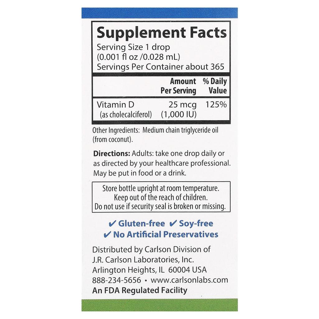 Carlson, Super Daily® D3, 25mcg(1,000IU), 10.3ml(0.35fl oz)