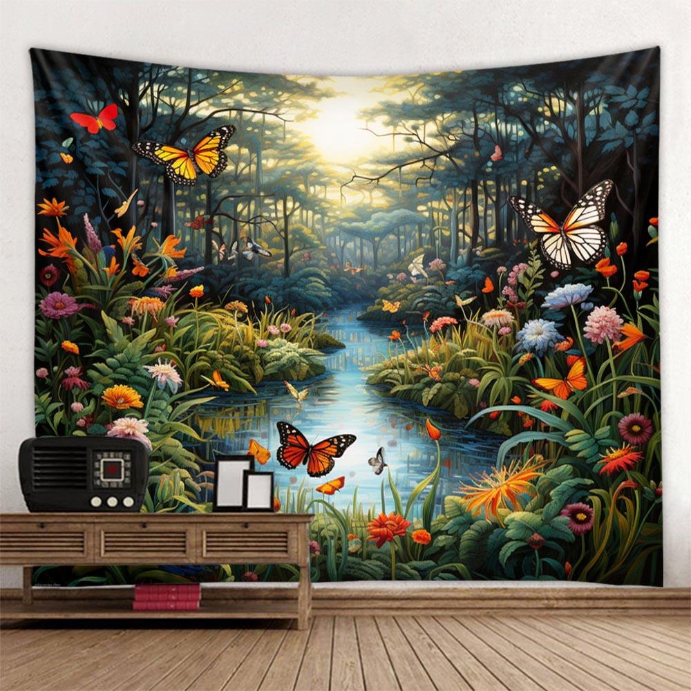 Butterfly & Flower Tapestry Multi-Size Wall Hanging Soft Fabric Home Decor Aesthetic Festival Background Cloth
