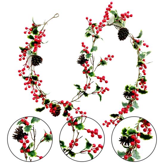 Рождественская искусственная гирлянда из ротанга с зелеными листьями и красными ягодами в помещении и на открытом воздухе, настенная подвеска, рождественские искусственные растения, украшение для праздничной вечеринки, реквизит для фотографий