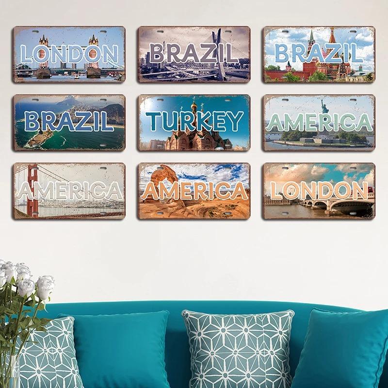 Винтажный кантри столица номерной знак металлические знаки ретро Америка Франция Бразилия металлический плакат пещера человек кафе бар паб настенный декор