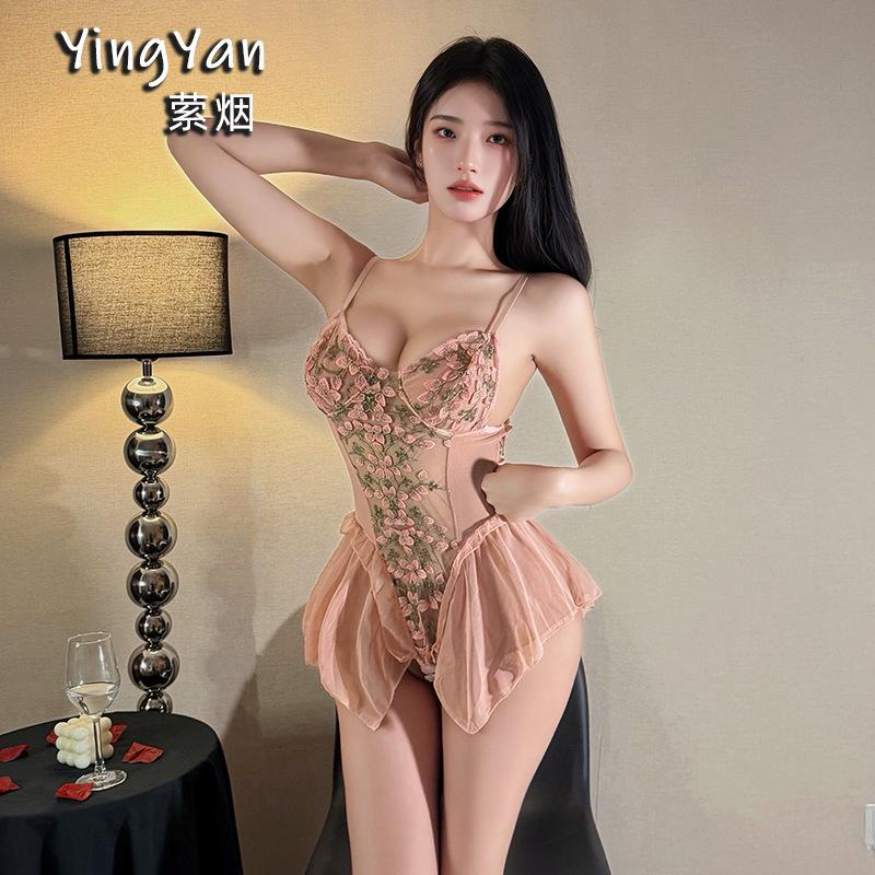 Sex underwear pure desire to avoid flowers and vines deep V-neck onesie sexy embroidered mesh tight suspender nightdress