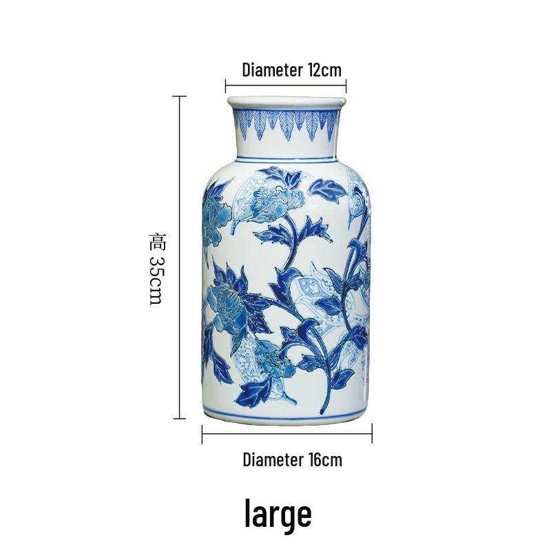 Blue & White Hand-Painted Porcelain Vase: Elegant Ceramic Ornament for Living Room or Entryway.