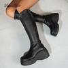 Short Plush Women's Knee-High Boots Autumn Winter Thick Sole Long Boots Black PU Back Zip Platform Botas Largas Mujer Size 36-42