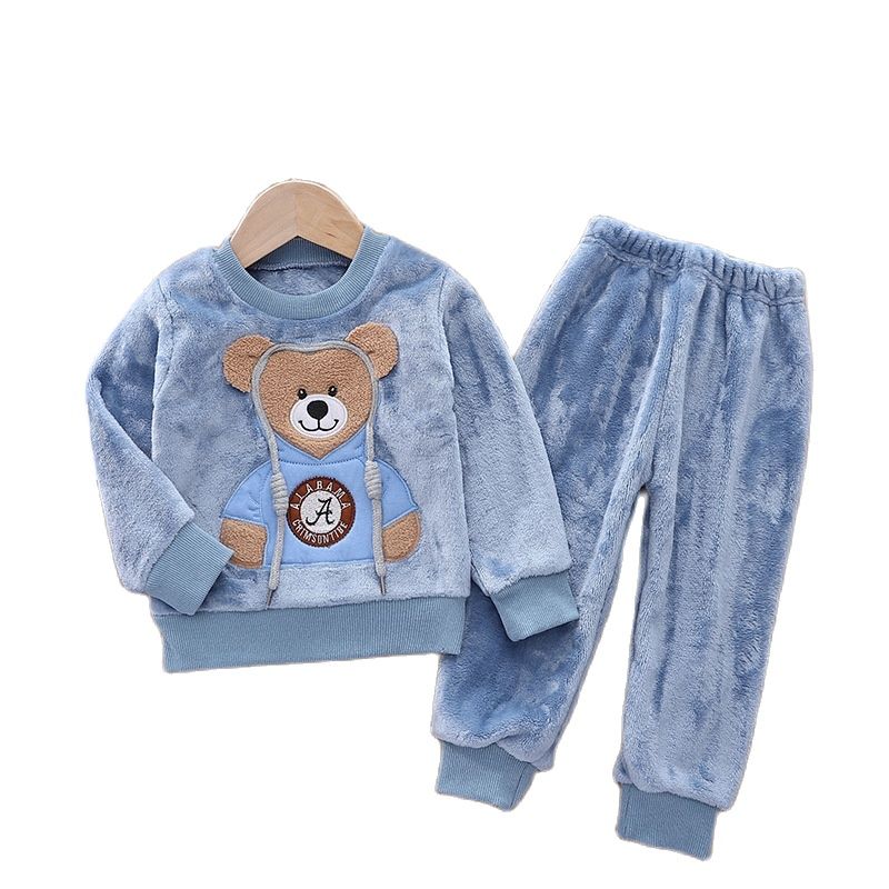 Autumn Winter Baby Boy Flannel Pajamas Sets Plush Hooded Jacket 2pcs Children's Casual Outfit Suits Kids Velvet Tracksuit Toddler Girl Clothing
