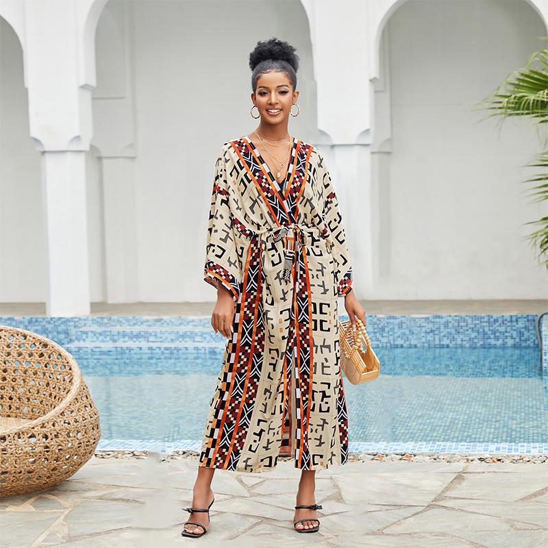 EDOLYNSA 2023 накидки на бикини в стиле бохо с принтом, элегантное кимоно с поясом, платье-туника, женская пляжная одежда больших размеров, купальный костюм, накидка Q1228