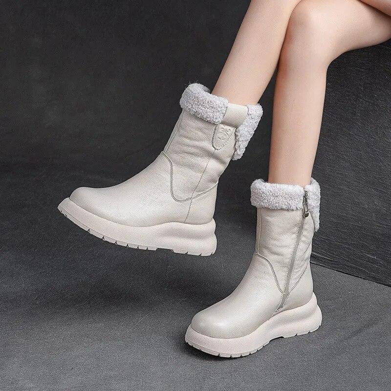Snow Boots Genuine Leather Plush Warm Solid Color Thick Sole Women's Mid-calf Short Boots