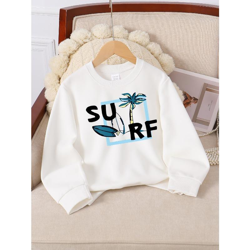 This Stylish Crewneck Sweatshirt for Girls Features a Cute Surf Palm Tree Design. It Has Long Sleeves