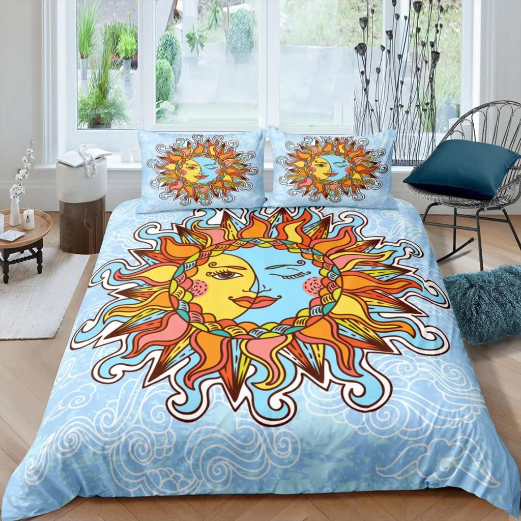 Sun Moon Duvet Cover Set Queen Microfiber Bohemian Black And White Print Yin Yang Comforter Cover Galaxy Star Twin Bedding Set