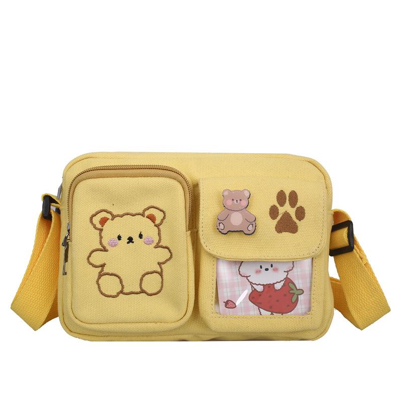 Canvas Small Bag Japanese Ins Women Shoulder Bag Cute Funny Personality Embroidery Bear Girl Student Transparent Messenger Bag