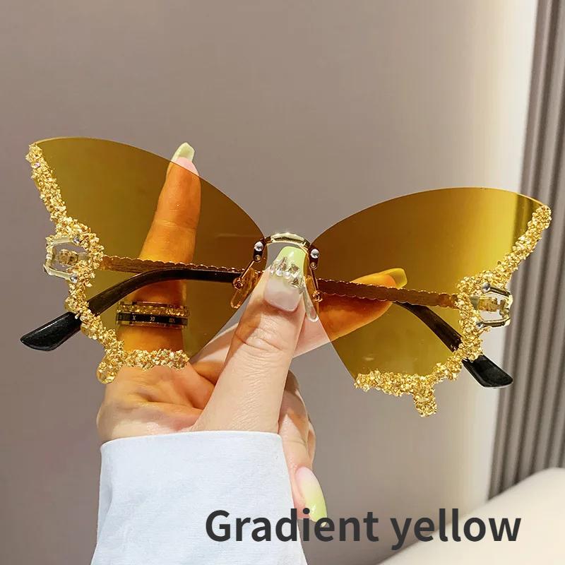 New Luxury Rimless Anti Blue Light Butterfly Sunglasses Ladies Fashion Unique Outdoor Eye Protection Eyewear Diamond Goggles