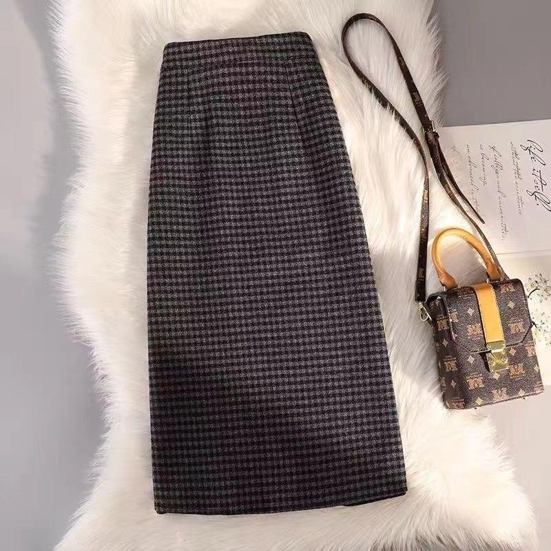 Ultra-Thick Woolen Plaid Midi Skirt - Women's High Waist A-line Bodycon for Autumn/Winter