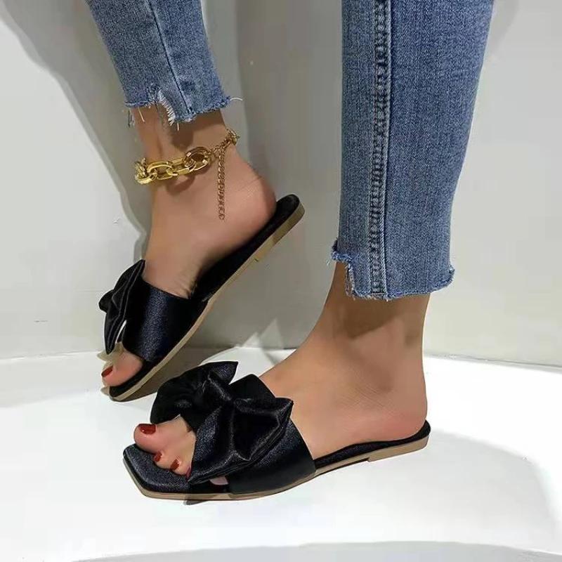 2024 Роскошные дизайнерские тапочки с открытым носком, модные повседневные сандалии, тапочки, удобные женские тапочки с бантом на плоской подошве