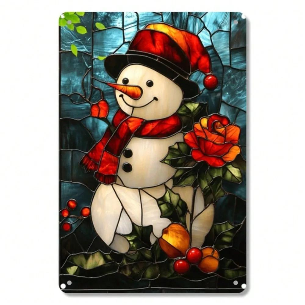 Vintage Tin Sign Snowman Wall Art Metal Decor Holiday Home Outdoor Aluminum