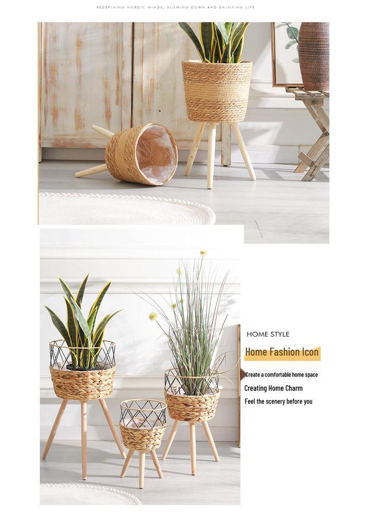Nordic Cattail Woven Flower Basket on Wooden Stand for Indoor Decoration