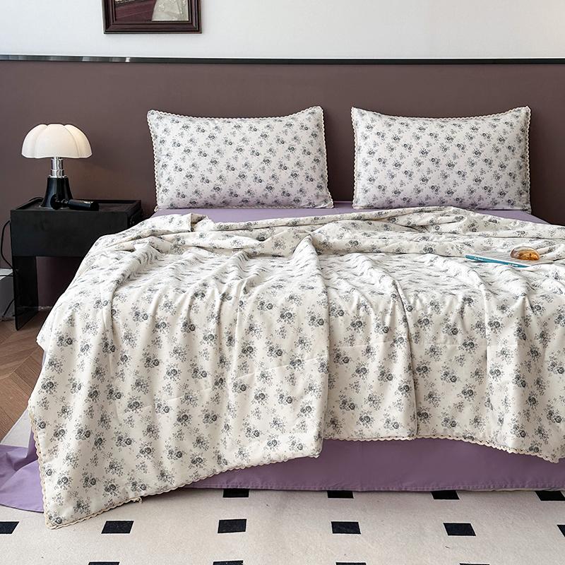 Rose Garden Vintage Floral Summer Quilt Khaki 100% Cotton Reversible Thin Comforter Bedding Set Air Conditioner Quilts Bedspread